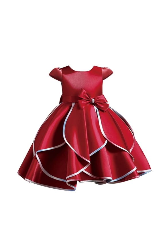 WhouRiu Girls Solid Short Sleeve Tiered Wedding Dress Bow Princess Party Tulle Gown Red,Sizes 5-6