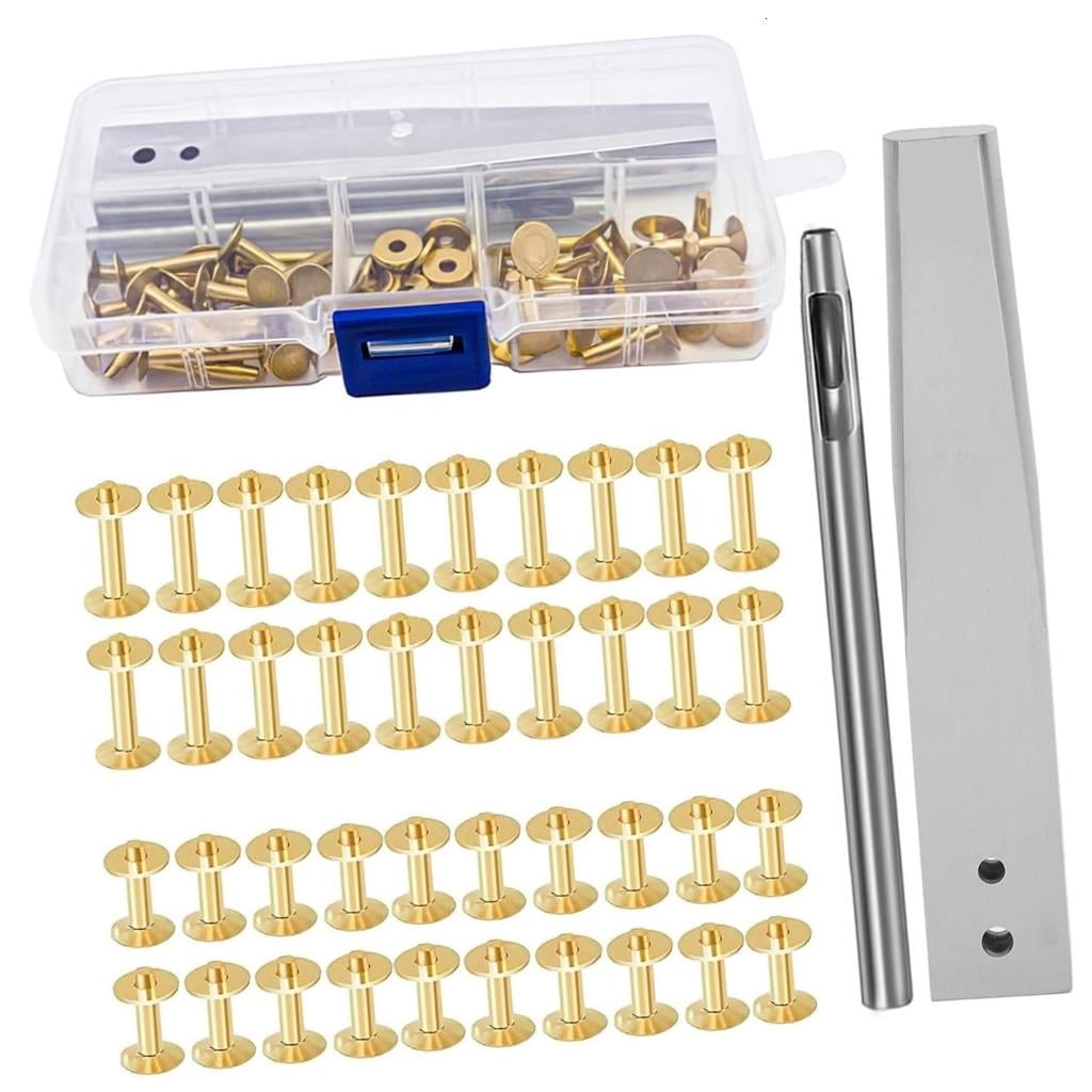 Giaone 42Pcs Studs Copper Metal Rivets with Hole Puncher Setting Tool For Belts Wallet Bags Making Craft Repair