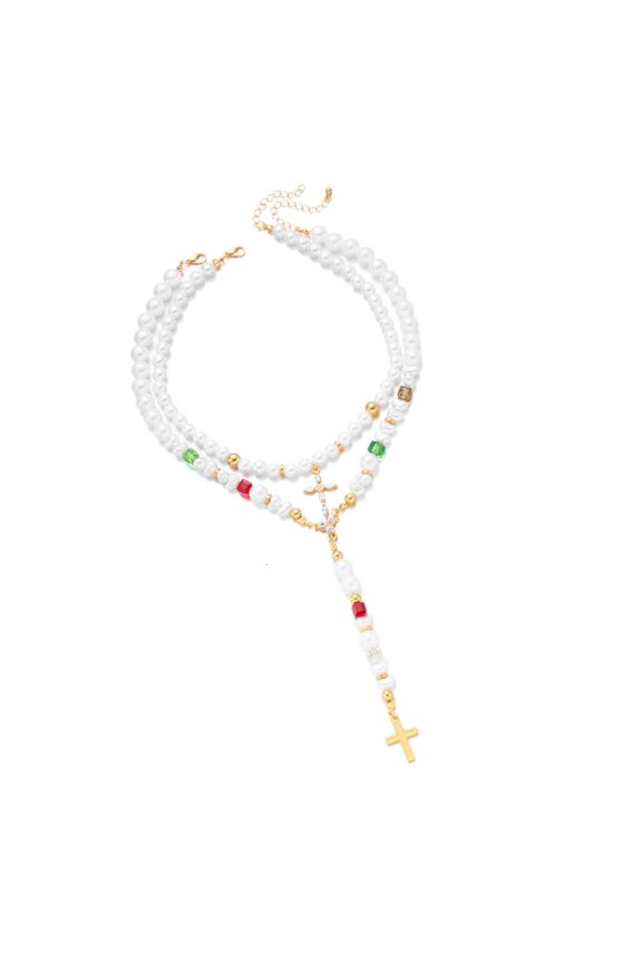 Adjustable French Vintage Pearls Crosses Necklace for and Date Night Featuring Y Designs Beaded Detail