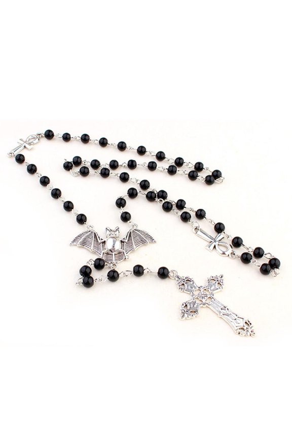 Ankh Cross Bat Long Rosary Beaded Necklace Y2k Punk Sweater Chain Necklace