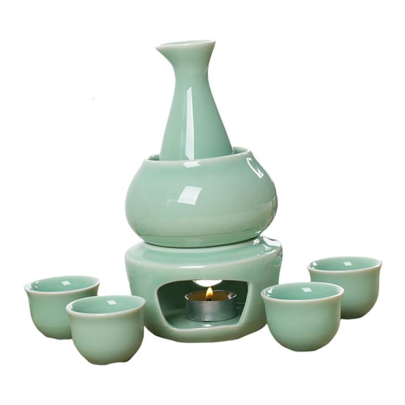 Giaone Artistic Ceramic Sake Set with Warmer Pots Including Sake Carafe Bottle 4 Cups Stove Bowl Birthday Party
