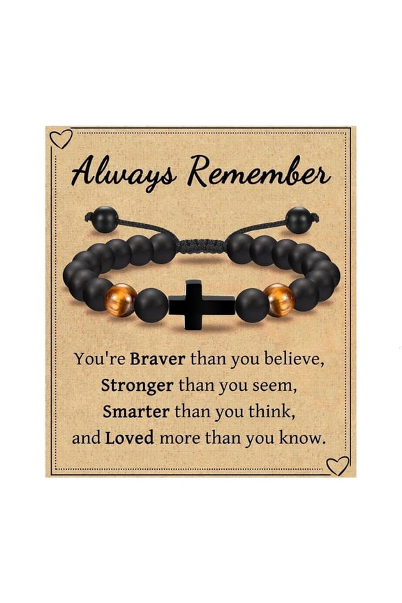 Boys Religious Crosses Bracelet Adjustable Cord Tigers Eye Stone Beads