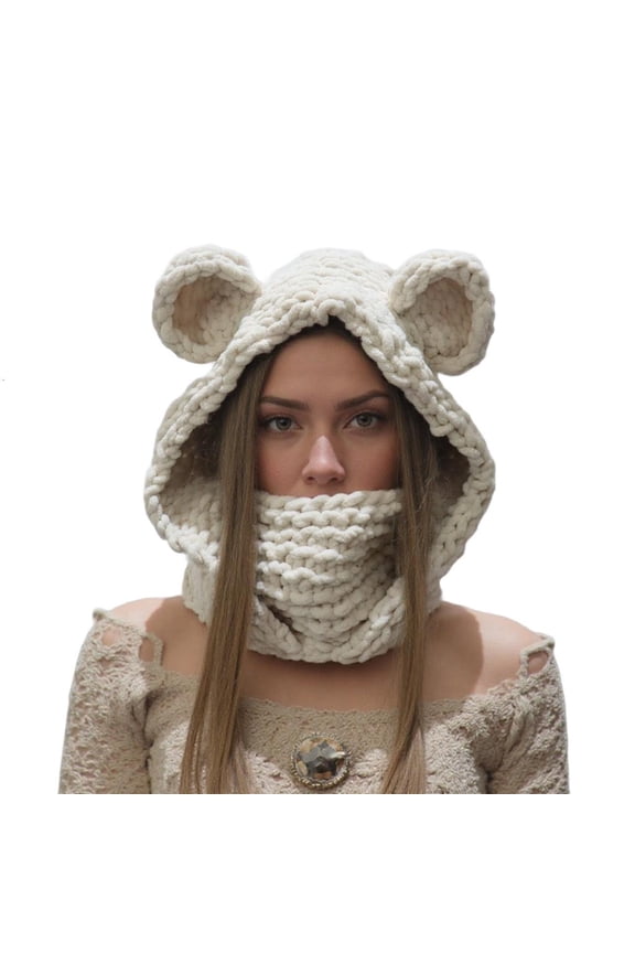 Breathable Winter Face Hat Bear Ear Design Knitted Neck Scarf Hat For Women