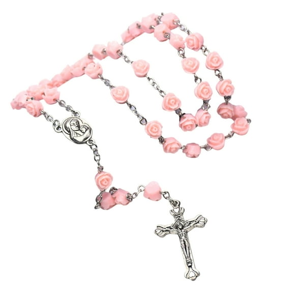 Giaone Catholic Rose Flower Beads Rosary Necklace with Crosses Charm Religious Gift
