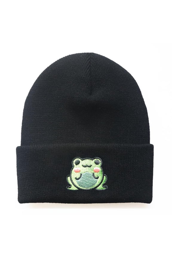 Cute Cartoon Knitted Hat for Frog Embroidery Hats Curl Edge Hat Winter Fall Fold