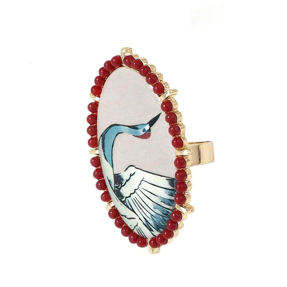 Giaone Dramatic Oval Statement Rings With Elegant Flower Bird Print Stylish Jewelry Finger Accessory for Women
