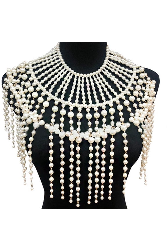 Exaggerated Layered Jewelry Shoulder Body Chain Harness Pearl Beaded Fringed Tassel Bib Choker Necklace Fake Collar