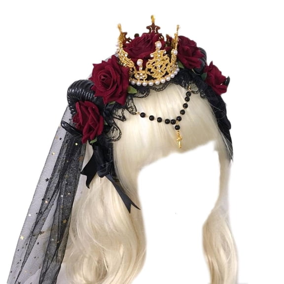 Giaone Gothic Antelope Sheep Horn Headband Rose Flower Lace Tiara Hair Hoop