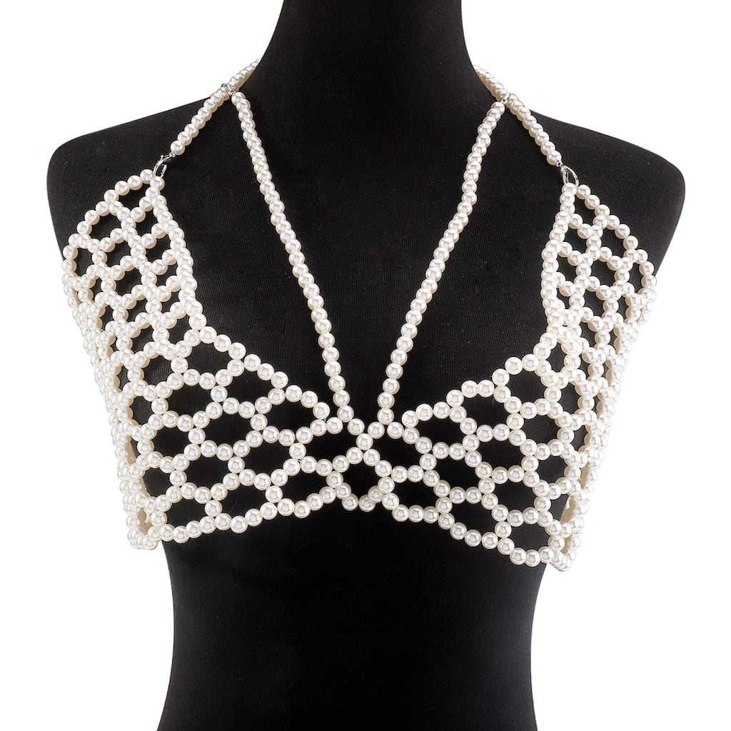 mi様　Pearl Chain Harness Pearl Body Chain, Pearl Body Harness, Skeleton Body Chain