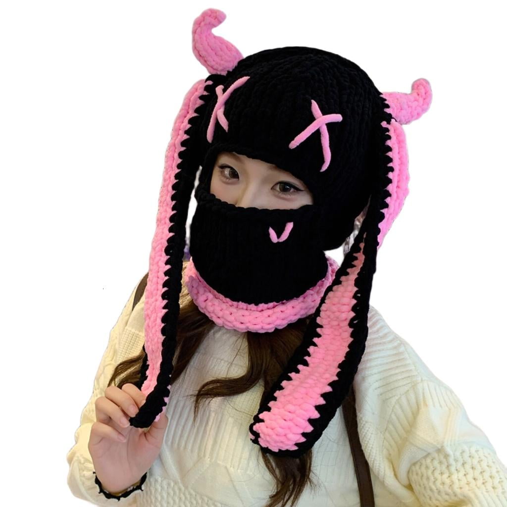 Giaone Knitted Balaclava Cap With Rabbit Ears Windproof Warm Hat For Women Girl Skiing