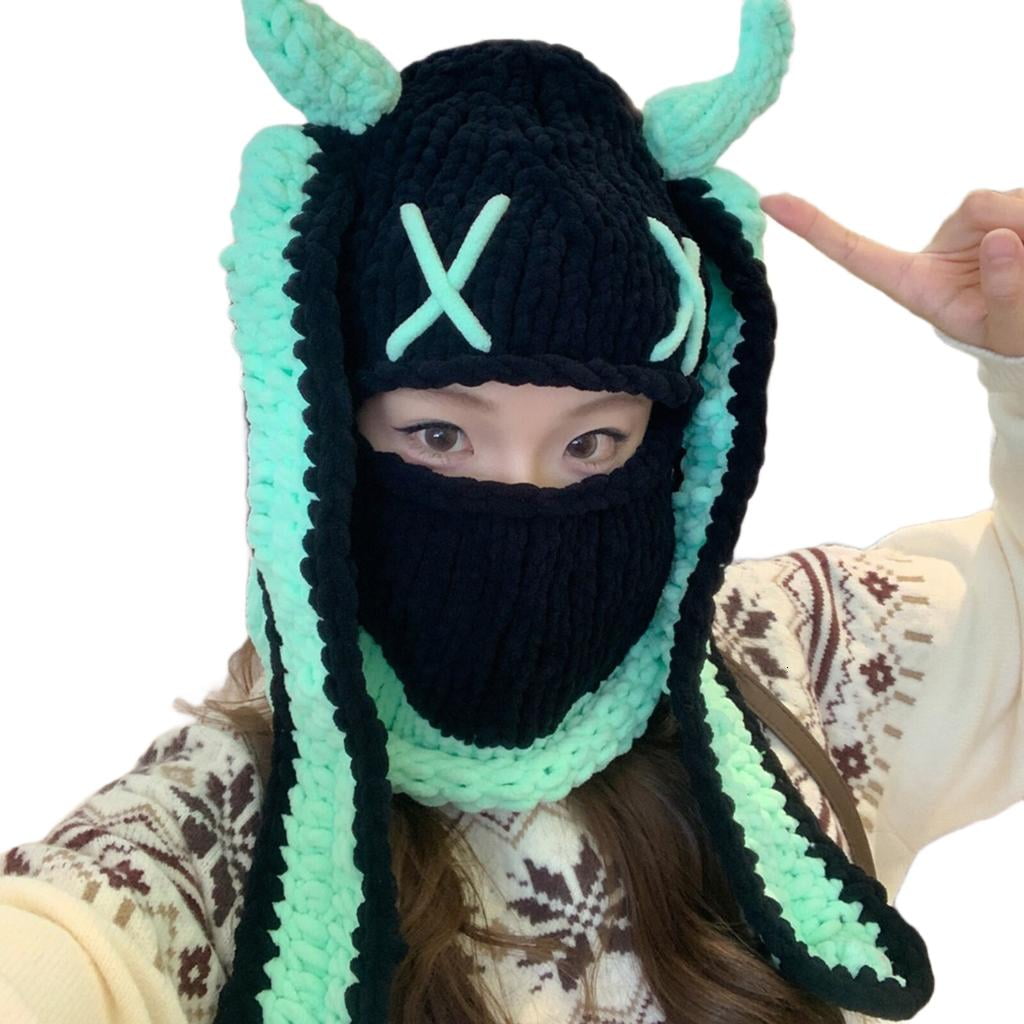 Giaone Knitted Balaclava Cap With Rabbit Ears Windproof Warm Hat For Women Girl Skiing