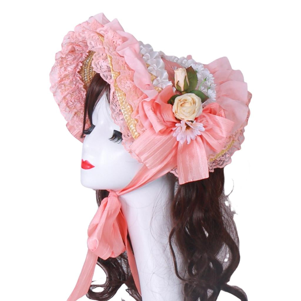 Giaone Lace Brims Rose Flower Sun Hat Victorian Bonnet Straw Hat for Music Festivals