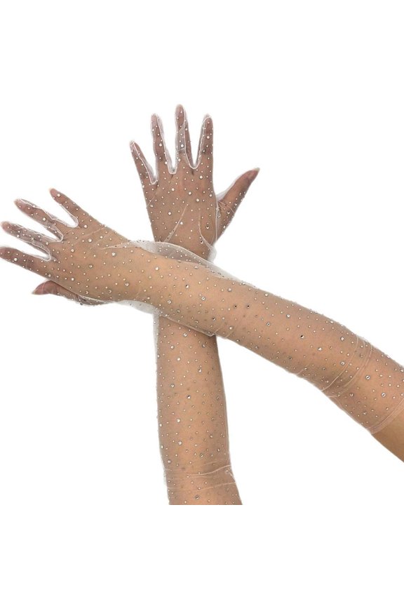 Long Gloves Rhinestones Embellished Lace Fabric Breathable Design Wedding