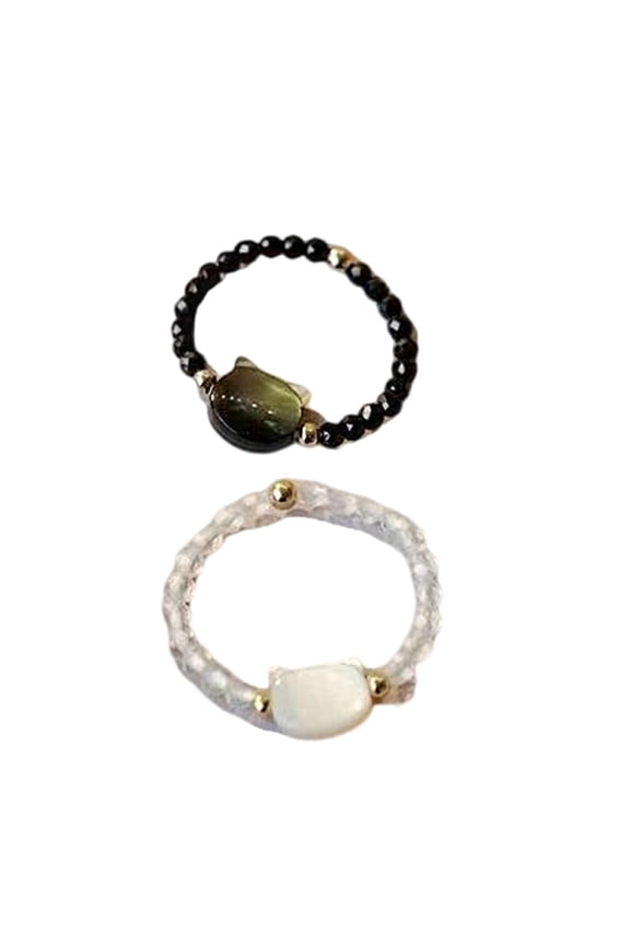 Set Of 2 Fashionable Cats Finger Rings Moonstone Obsidian Rings for Women Men