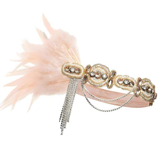 Giaone Romance Feathered Crowns Headpiece 20s Flapper Headband with Rhinestones For Stage And Party PhotoShoots