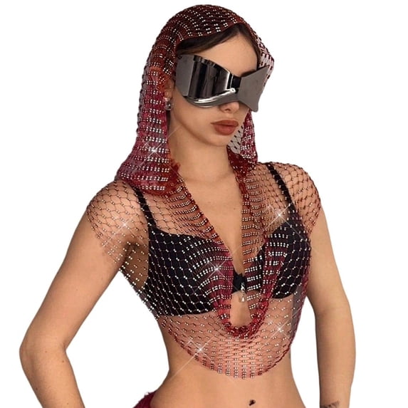 Giaone Sparkling Rhinestones Hoodie HipHop Dancing Event Hooded Hat Fishnet Tank Tops