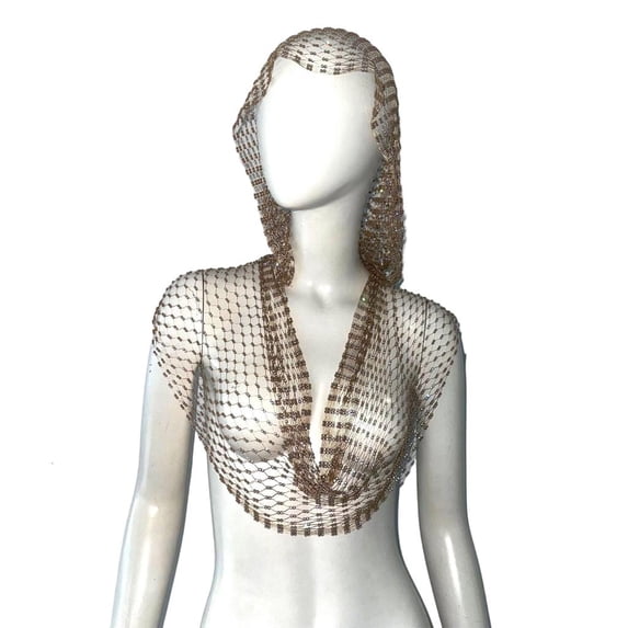 Giaone Sparkling Rhinestones Hoodie HipHop Dancing Event Hooded Hat Fishnet Tank Tops