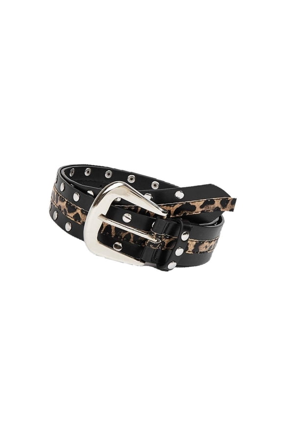 Trendy Rivets Studded Belt with Leopard Print Punk Waist Strap for Teens