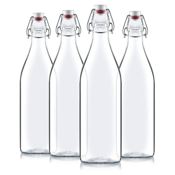 Giara Swing Top Bottles 33 Ounce-4 Pack Round Clear Glass Grolsch Top Bottle With Stopper, for Beverages, Smoothies, Kefir, Beer, Soda, Juicing, Kombucha, Water, Milk and Vinegar