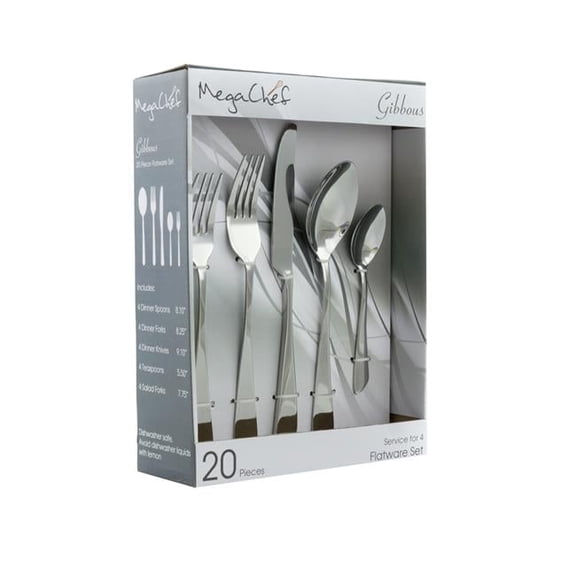 Gibbous Flatware Utensil Set, Stainless Steel - Silverware Metal Service for 4 in. Silver - 20 Piece