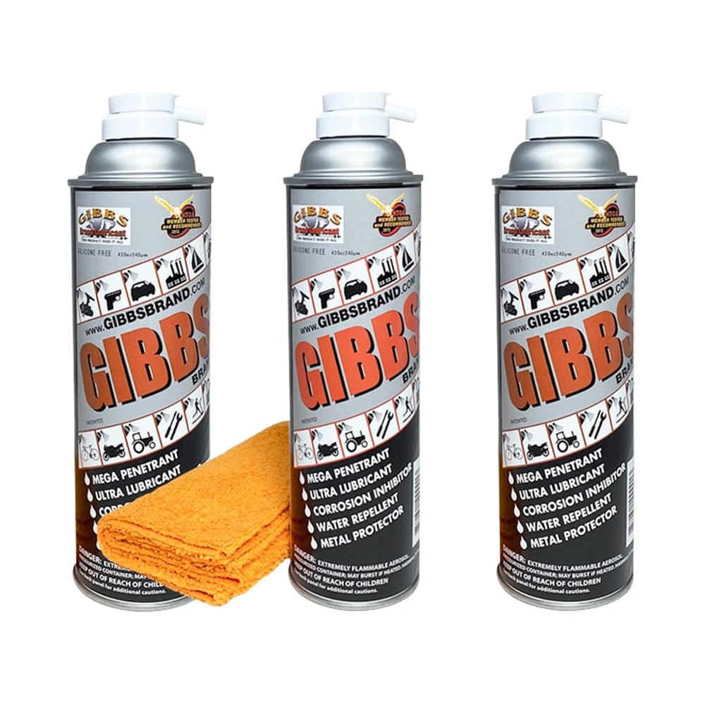 Gibbs Brand Lubricant - Penetrating Oil - Multi Purpose - Corrosion Inhibitor - Metal Protector (3 PACK ) with Microfiber Towel 14" x 14"