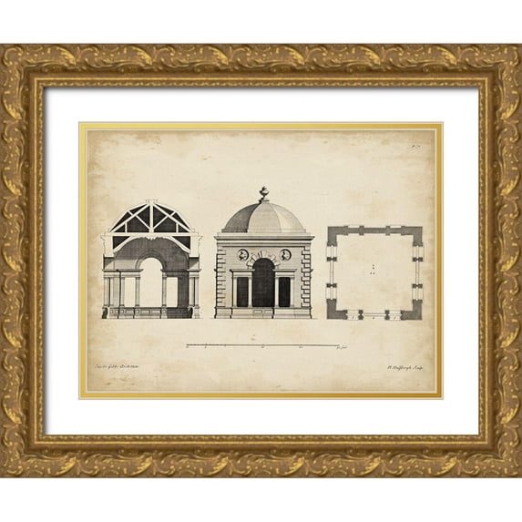 Gibbs, James 14x12 Gold Ornate Wood Framed with Double Matting Museum Art Print Titled - Building Section and Plan I