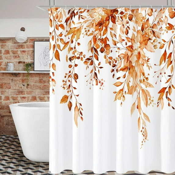 Gibelle Extra Long Shower Curtain 72 x 84, Orange Floral Shower Curtain for Bathroom, Fall Watercolor Plant Eucalyptus Leaves Fabric Shower Curtain Set with Hooks
