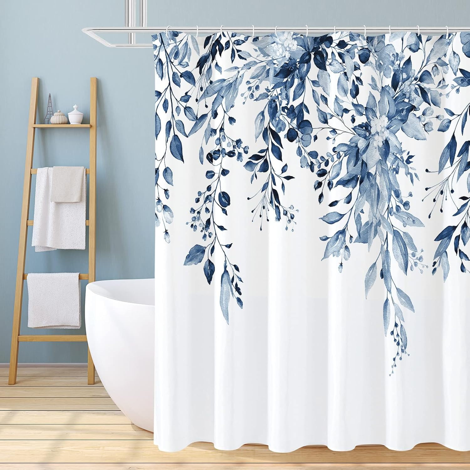 Gibelle Navy Blue Eucalyptus Shower Curtain, Watercolor Plant Leaves with Floral Bathroom Shower Curtain Set with Hooks,72"x 72"