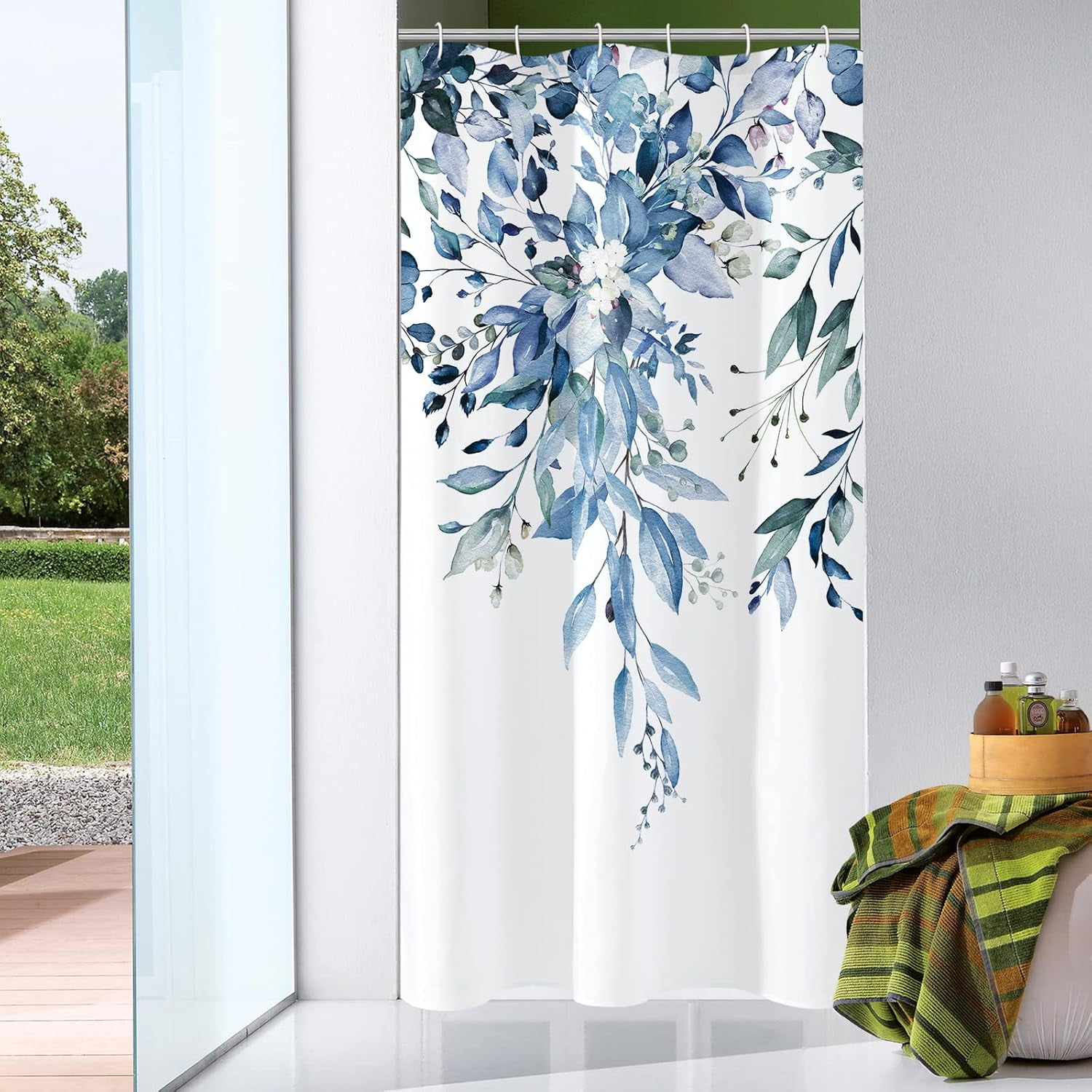 Gibelle Small Stall Shower Curtain 36 x 72, Narrow Blue Floral Shower Curtain for Bathroom, Watercolor Plant Eucalyptus Leaves Fabric Shower Curtain Set with Hooks