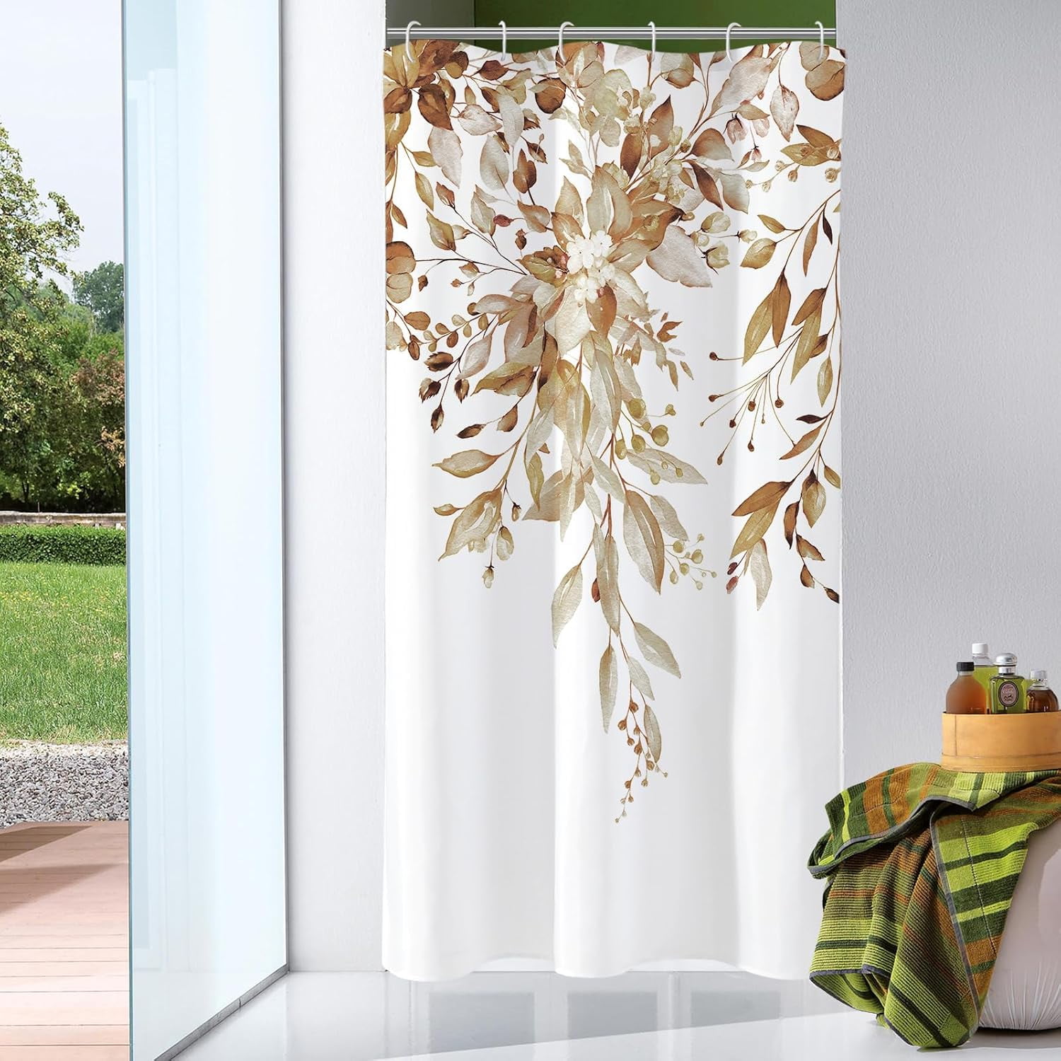 Gibelle Small Stall Shower Curtain 36 x 72, Narrow Brown Floral Shower Curtain for Bathroom, Watercolor Plant Eucalyptus Leaves Fabric Shower Curtain Set with Hooks