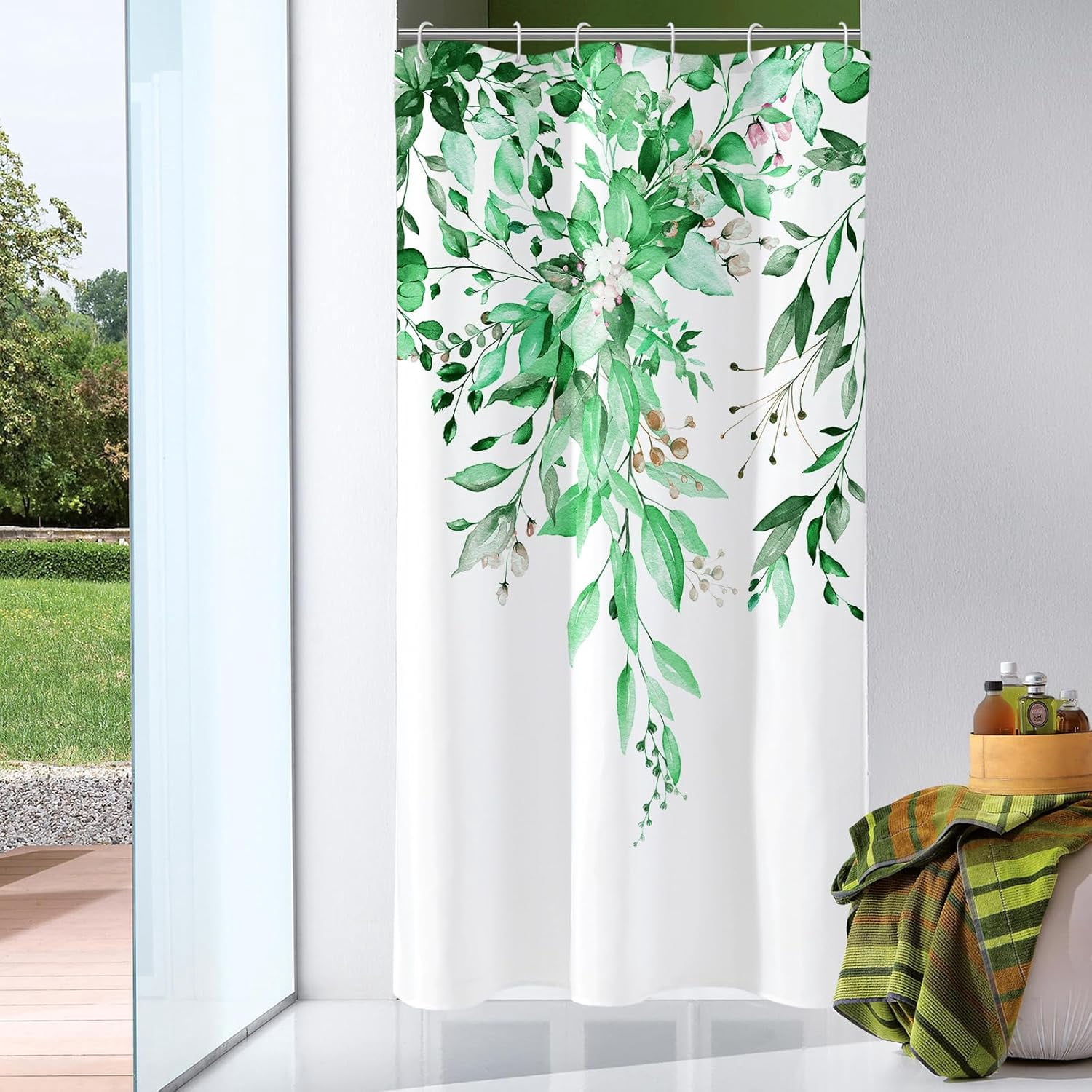 Gibelle Small Stall Shower Curtain 36 x 72, Narrow Emerald Green Floral Shower Curtain for Bathroom, Watercolor Plant Eucalyptus Leaves Fabric Shower Curtain Set with Hooks