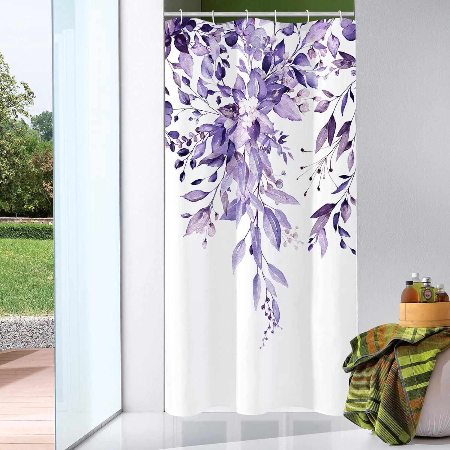 Gibelle Small Stall Shower Curtain 36 x 72, Narrow Purple Floral Shower Curtain for Bathroom, Watercolor Plant Eucalyptus Leaves Fabric Shower Curtain Set with Hooks