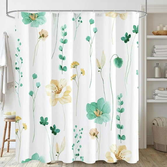 Watercolor Floral Shower Curtain, Mint Green Beige Flower Shower Curtain for Bathroom, Modern Minimalist Waterproof Fabric Shower Curtain Set with Hooks 72x72 Inch