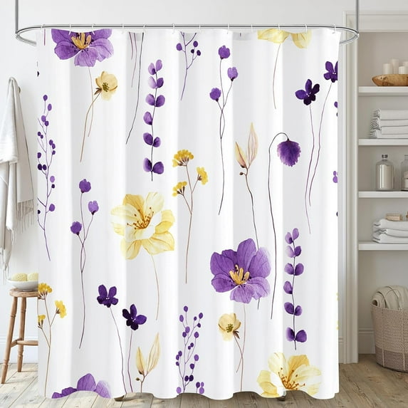 Watercolor Floral Shower Curtain, Purple Yellow Flower Shower Curtain for Bathroom, Modern Minimalist Waterproof Fabric Shower Curtain Set with Hooks 72x72 Inch