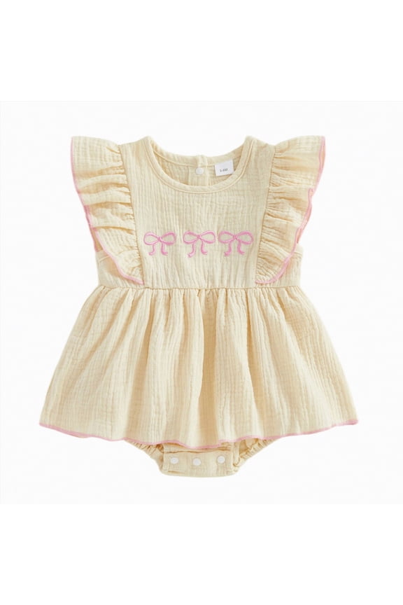 Baby Girl Bubble Romper Newborn Baby Toddler Girls Jumpsuit Double-layer Cotton Crepe Lace-up One-piece Romper 1 PC(3-6 Months,Light Yellow)