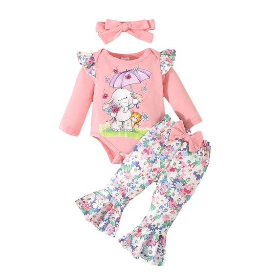 Gibobby Baby Girl Clothes Girl Ruffle Ribbed Romper Floral Pants Set Cute Girl Clothes(Pink,0-3 Months)