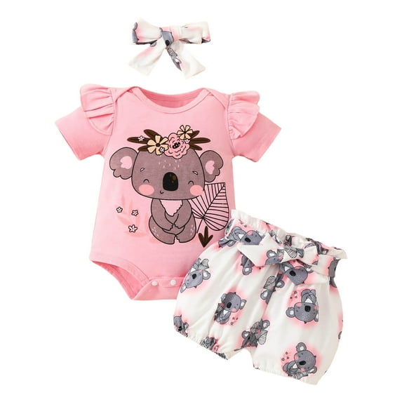 Gibobby Baby Girl Summer Clothes Outfit Ruffle Ribbed Romper Tops Floral Shorts Set + Headband Toddler Summer Clothes Girls(Red,12-18 Months)