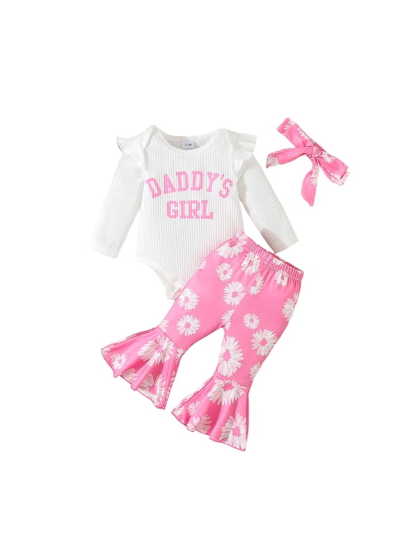 Baby Girls Ribbed Bodysuit, Jogger Pants and Headband 3 Piece Outfit Set to (White,3-6 Months)