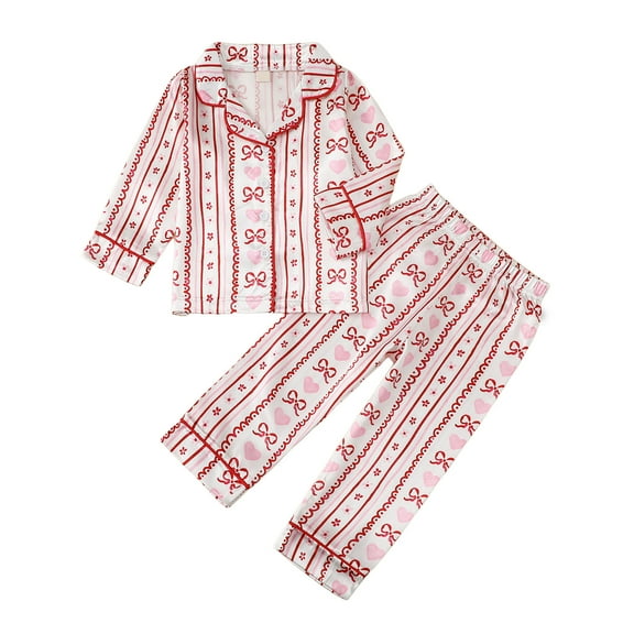 Gibobby Big Girls Satin Pajamas Set Long Sleeve Button UP Bow Printed Sleepwear PJs(3-4 Years,Red)