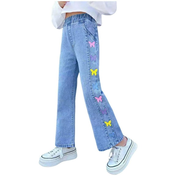 Gibobby Bow Jeans for Girls Wide Leg Baggy Denim Pants Cute High Waisted Trousers Kids Casual Y2k Streetwear with Pockets Plus Size Teenage Girls Ripped Jeans(Blue,10-11 Years)