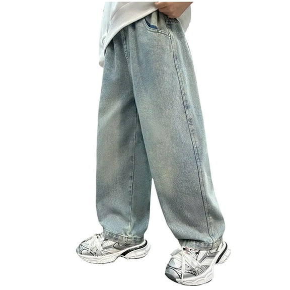 Gibobby Boy's Bowknot Print Washed Jean Elastic Waist Denim Pants Straight Leg Trousers with Pockets(Blue,12-14 Years)