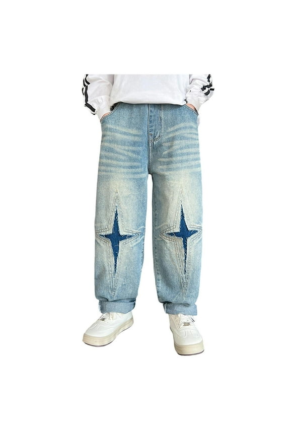 Boy's High Waisted Solid Straight Leg Jeans Casual Loose Denim Pants(Blue,5-7 Years)