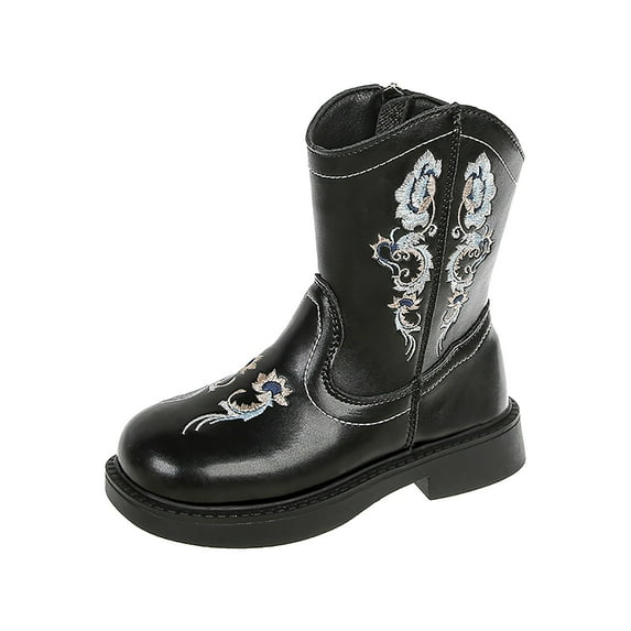 Gibobby Boys Cowboy Boots Toddler Girls Cowgirl Boots Little Big Kid Western Glitter Mid Calf Embroidered Pull On Low Heel,Black,12-12.5 Y