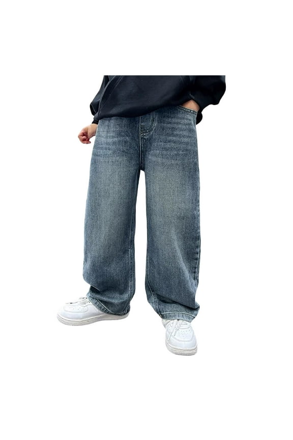 Boys Jeans Baggy Wide Leg Cute Teen Denim Pants Junior Mid Rise Elastic Band with Pockets Casual Clothes(Blue,9-10 Years)