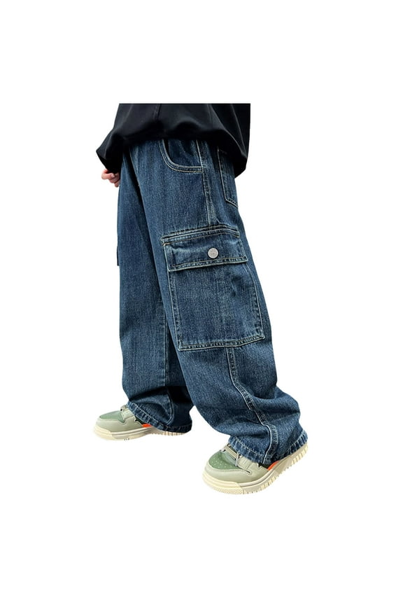 Boys Stretch Flare Jeans 8-12Y Crossover Waist Denim Pants Exercise Basics Slim Casual Streetwear(Blue,9-10 Years)