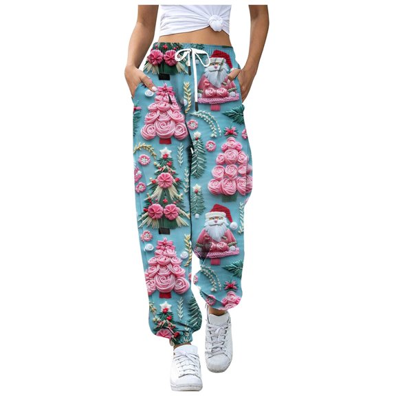 Gibobby Casual Pants for Women High Waist Christmas Printed Sports Leisure Pants with Pocket Blue Trousers Pants for Women(XXL,Light Blue)