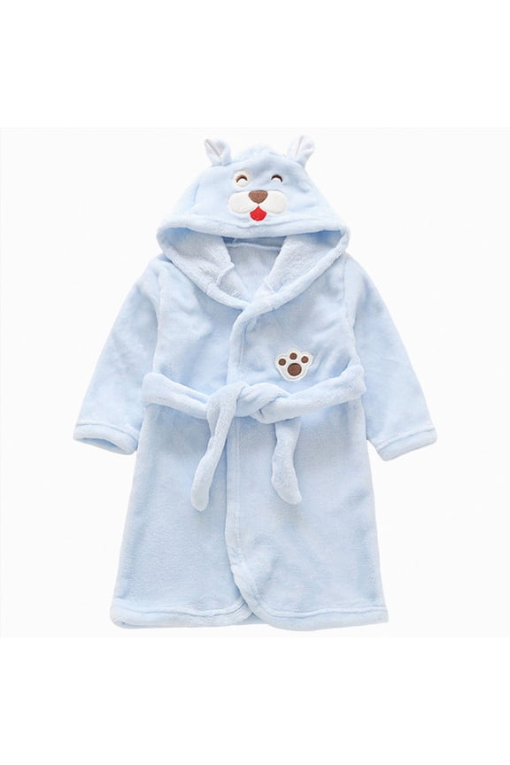 Children's Plush Coral Fleece Bathrobe,Cozy Hooded Robe with Belt,Cute Print,for Kids Toddlers 2-12 Years,Warm After-Bath Loungewear Toddler Pajamas Toddler Pajamas,Blue,Size 18-24 Months