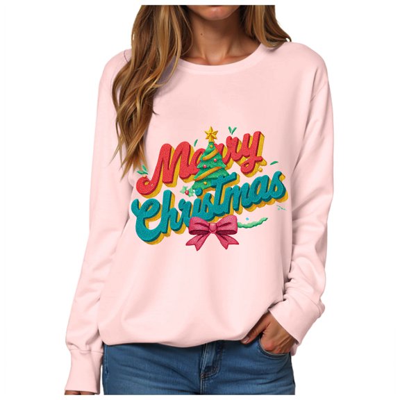 Gibobby Christmas Crewneck Sweatshirt For Women Hoodied Sweatshirts Fashion Casual Printed Long Sleeve Blouse Printed Pullover Tops(XL,Pink)