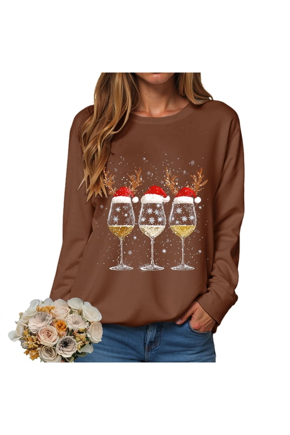 Christmas Shirts for Women Xmas Tree Print Sweatshirt Casual Round Neck Long Sleeve Pullover Holiday Party Pullover pullover hoodie(XXL,Brown)