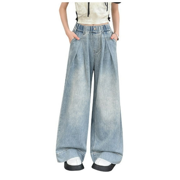 Gibobby Elastic Waistband Long Wide Leg Baggy Pants with Hearts Stars for Little Big Teens Big Girls Bootcut Denim Pants(Blue,11-12 Years)